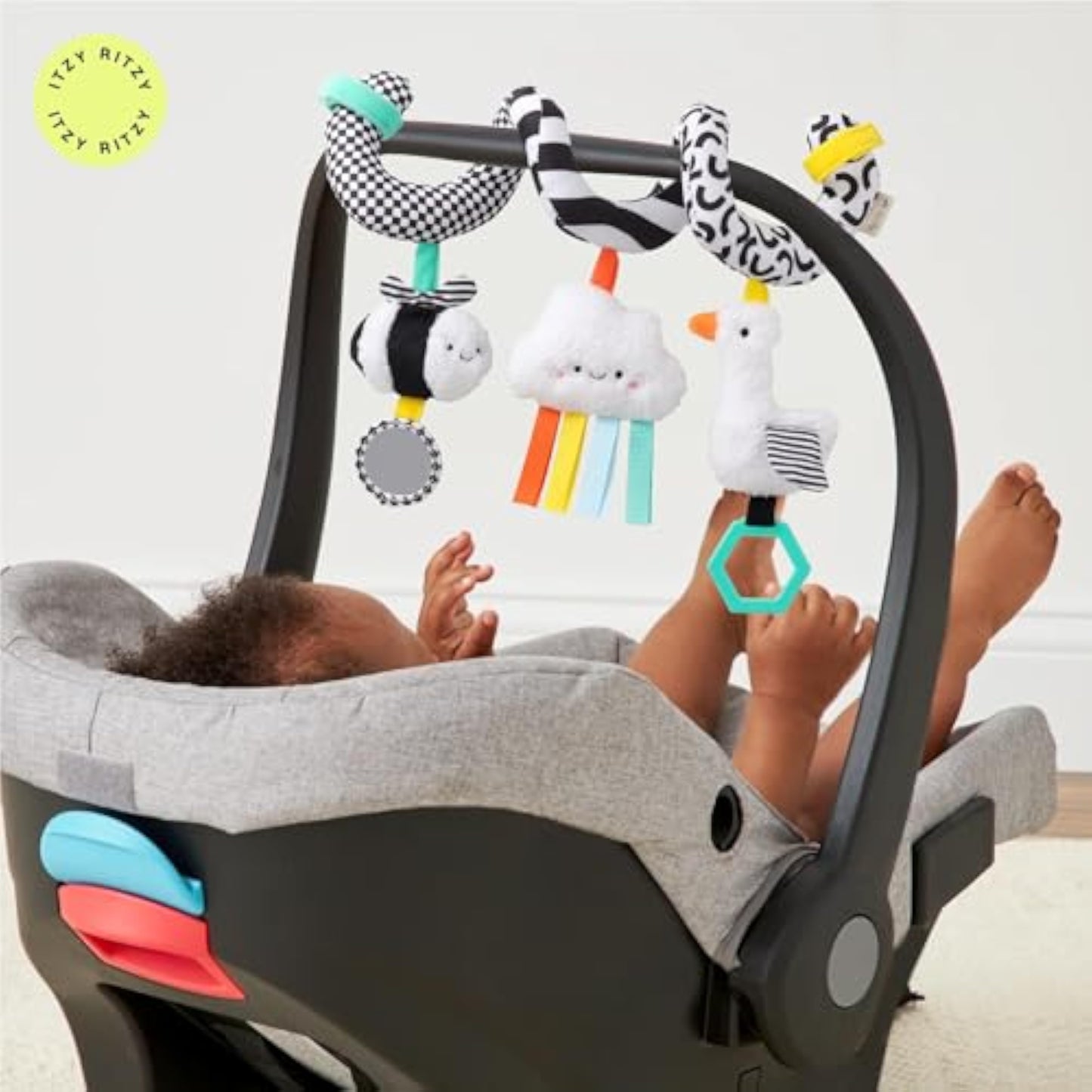 Itzy Ritzy Spiral Car Seat & Stroller Activity Toy - Stroller & Car Seat Toys for Ages 0 Months and Up - Hanging Toys Include Dangling Ring, Mirror and Textured Ribbons (High Contrast) - New