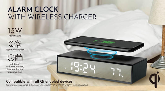 BXCLCK Digital Alarm Clock with Wireless Charging, 15W Fast Wireless Charger for Smart Phone, Night Time Mode, Adjustable Brightness, Snooze, 12/24H, LED Clock for Bedroom, Living Room, Office