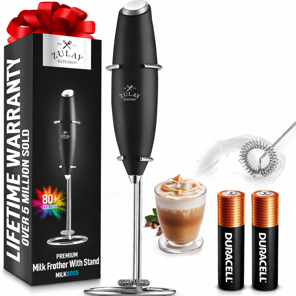 Kitchen Powerful Milk Frother Wand With 2 Duracell Batteries - Ultra Fast Handheld Drink Mixer - Electric Whisk Foam Maker for Coffee, Lattes, Cappuccino, Matcha, Hot Chocolate & Creamer - Black