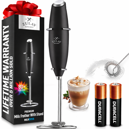 Kitchen Powerful Milk Frother Wand With 2 Duracell Batteries - Ultra Fast Handheld Drink Mixer - Electric Whisk Foam Maker for Coffee, Lattes, Cappuccino, Matcha, Hot Chocolate & Creamer - Black