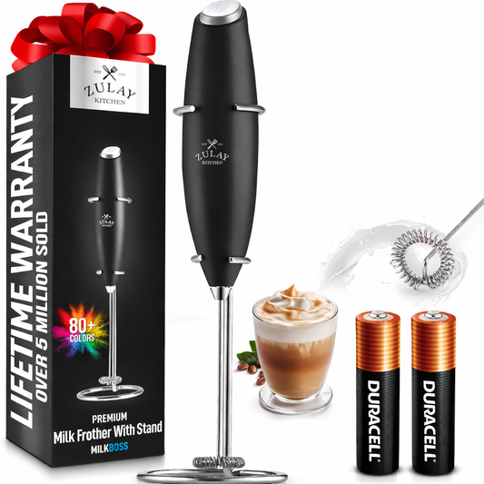 Kitchen Powerful Milk Frother Wand With 2 Duracell Batteries - Ultra Fast Handheld Drink Mixer - Electric Whisk Foam Maker for Coffee, Lattes, Cappuccino, Matcha, Hot Chocolate & Creamer - Black