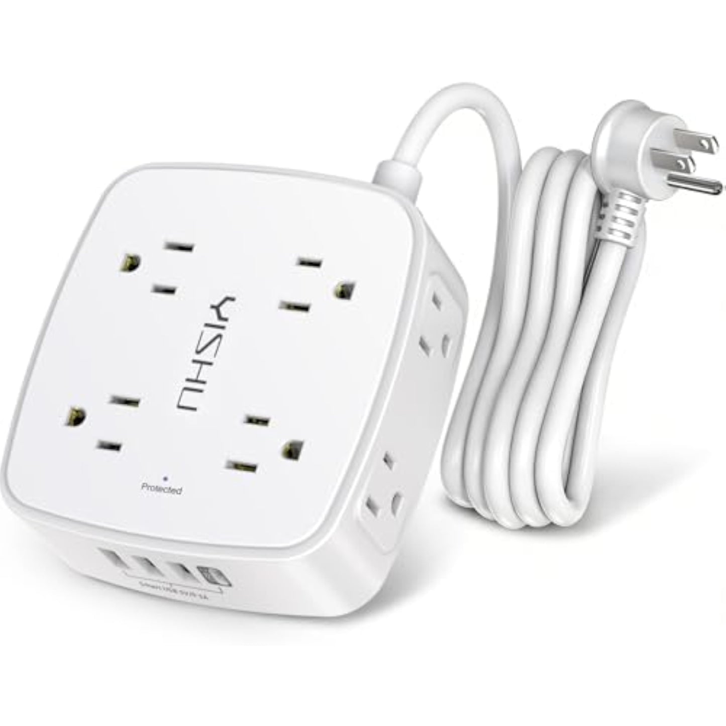 6 Ft Surge Protector Power Strip - 8 Widely Outlets with 4 USB Ports, 3 Side Outlet Extender with 6 Feet Extension Cord, Flat Plug, Wall Mount, Desk USB Charging Station, ETL,White - New