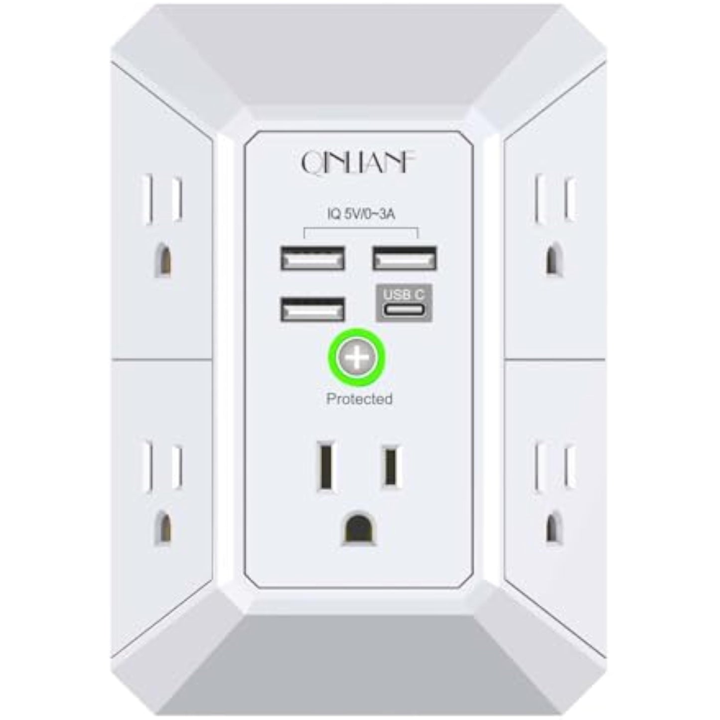 Wall Charger, Surge Protector, QINLIANF 5 Outlet Extender with 4 USB Charging Ports, 3-Sided 1680J Power Strip Multi Plug Adapter Spaced for Home Travel Office - New
