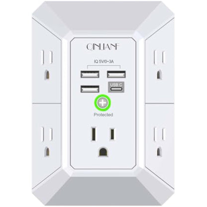 Wall Charger, Surge Protector, QINLIANF 5 Outlet Extender with 4 USB Charging Ports, 3-Sided 1680J Power Strip Multi Plug Adapter Spaced for Home Travel Office - New