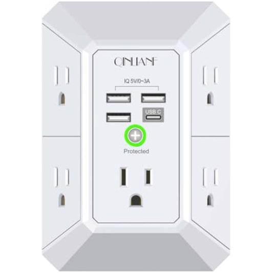 Wall Charger, Surge Protector, QINLIANF 5 Outlet Extender with 4 USB Charging Ports, 3-Sided 1680J Power Strip Multi Plug Adapter Spaced for Home Travel Office - New
