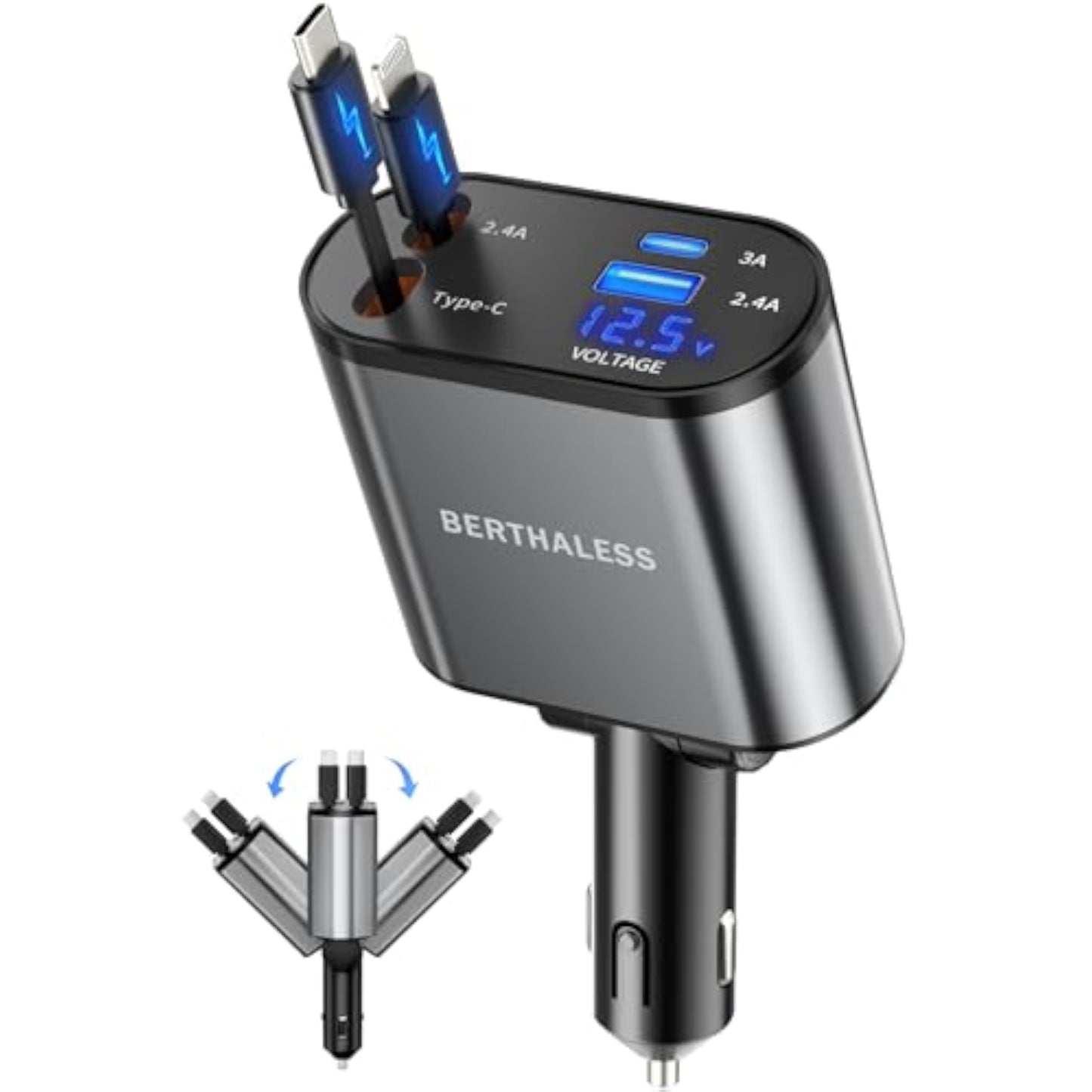 BERTHALESS Retractable Car Charger, 4 in 1 Fast Charging Car Charger with USB-C & USB-A, Compatible with iPhone 17/16/15/14/13/12/11,Galaxy,Pixel, Car Accessories for Men Women Drivers, Dad, Husband - New