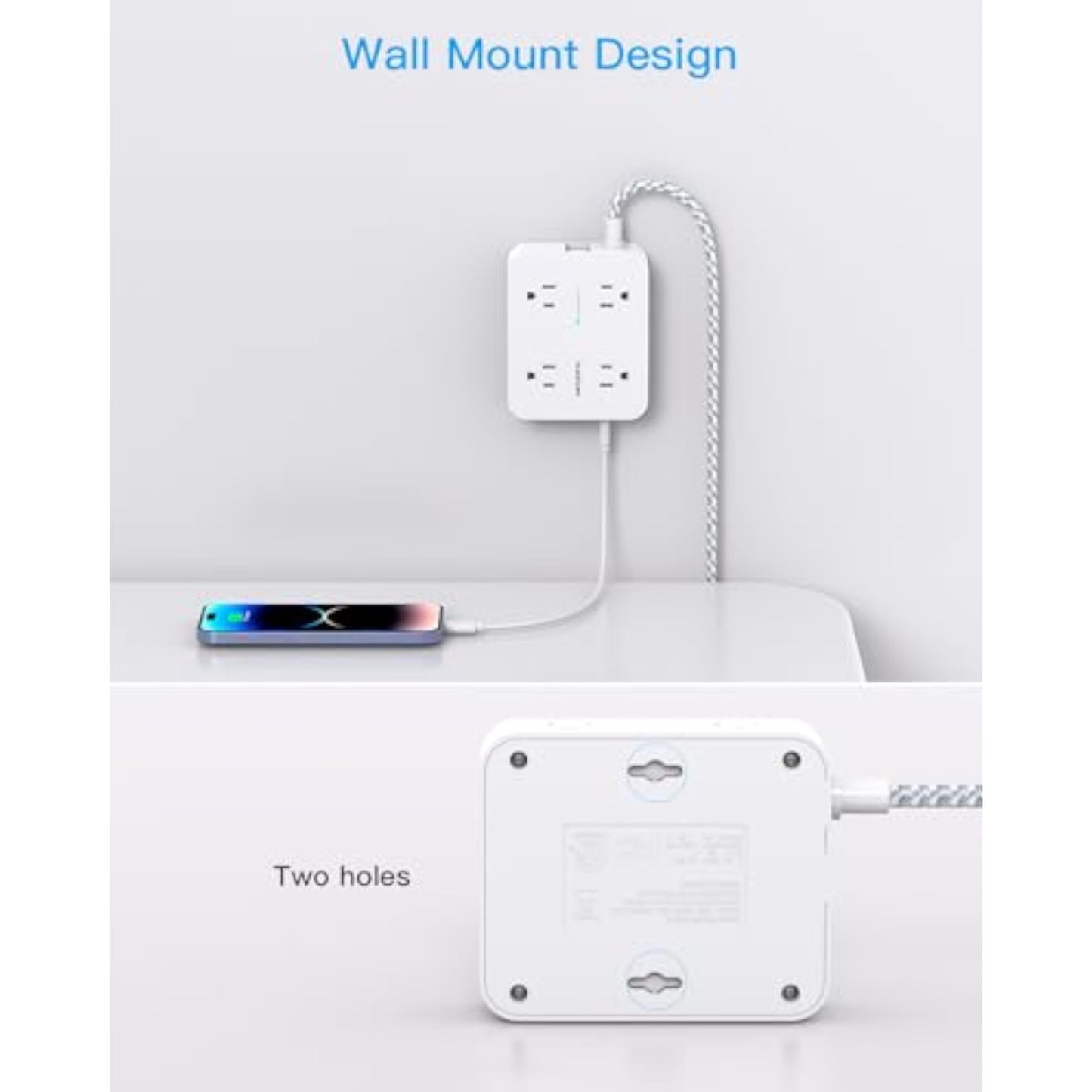 Surge Protector Power Strip - HANYCONY 8 Outlets 4 USB (2 USB C) Charging Ports, Multi Plug Outlet Extender, 5Ft Braided Extension Cord, Flat Plug Wall Mount Desk Charging Station for Home Office ETL - New