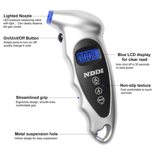 NDDI 2 Pack Digital Tire Pressure Gauge, 150 PSI 4 Settings Car Truck Bicycle Backlit LCD Non-Slip Grip, Gray and Red