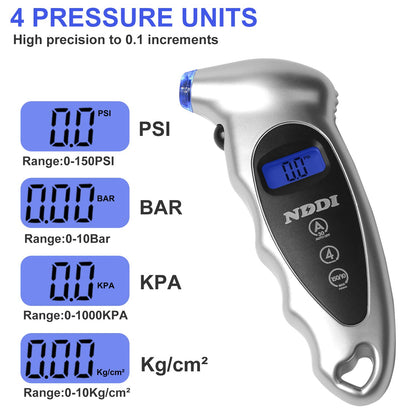 NDDI 2 Pack Digital Tire Pressure Gauge, 150 PSI 4 Settings Car Truck Bicycle Backlit LCD Non-Slip Grip, Gray and Red