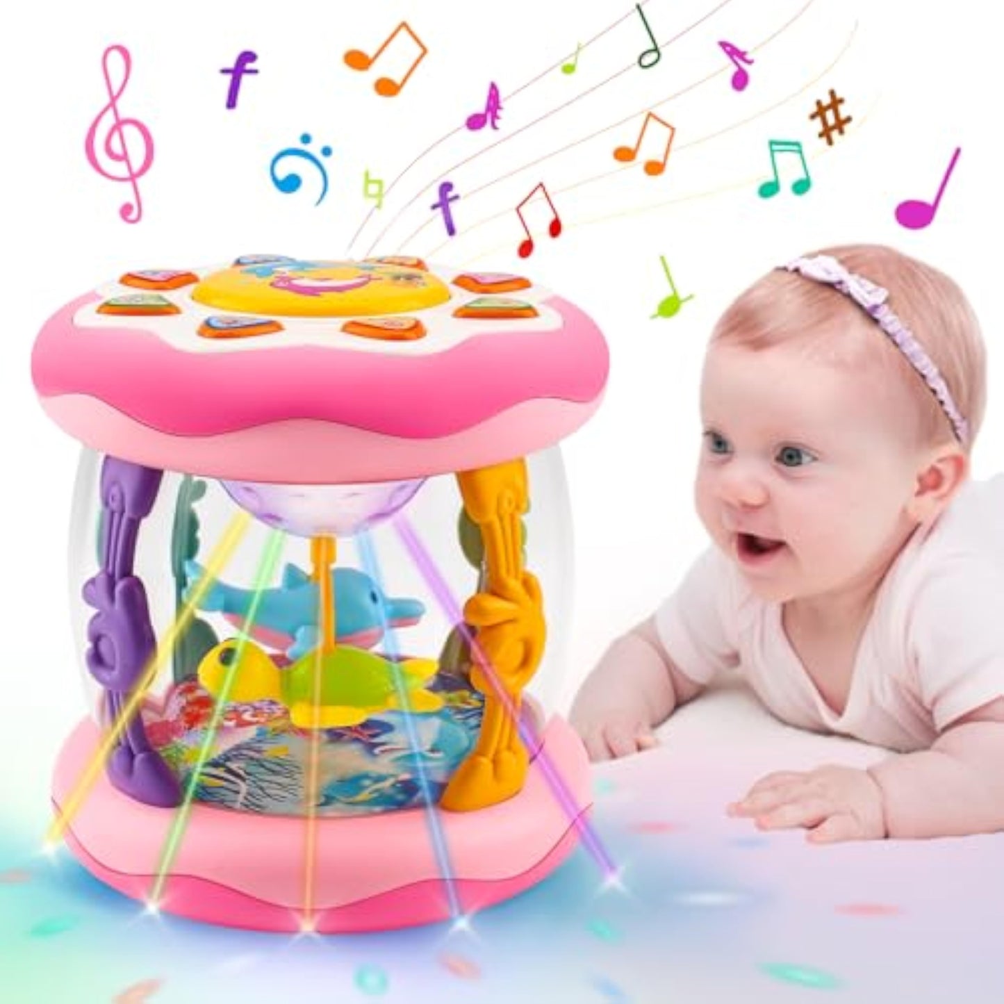 Baby Girl Toys 0-6 Months Ocean Projector Rotating Musical Light Up Tummy Time Toy Infant 0-3 4 5 6 7 8 9 Months Aquarium Crawling Toys Babies 6-12 Month Girls 1 Year Old Birthday Newborn Shower Gifts - New