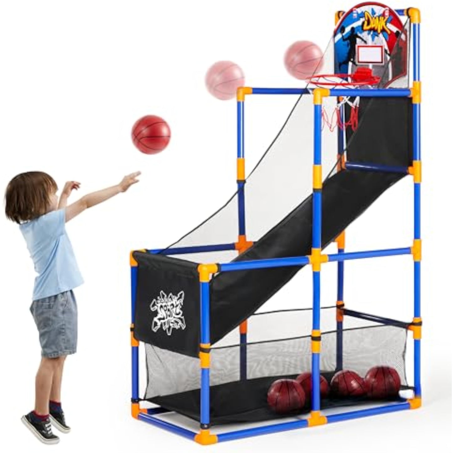 JOYIN Arcade Basketball Game Set with 4 Balls and Hoop for Kids 3+ Years Old Indoor Outdoor Sport Play - Easy Set Up - Air Pump Included - Ideal for Competition - New