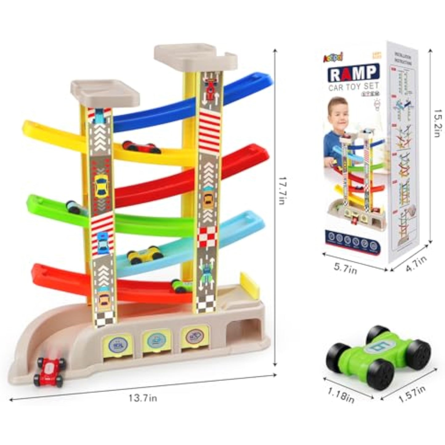 Montessori Toys for 2 3 Year Old Boys Toddlers, Car Ramp Toys with 6 Cars & Race Tracks, Garages and Parking Lots, Ramp Racer Toy Gift for Boys Girls Age 18 Months and Up, Multicolor - New