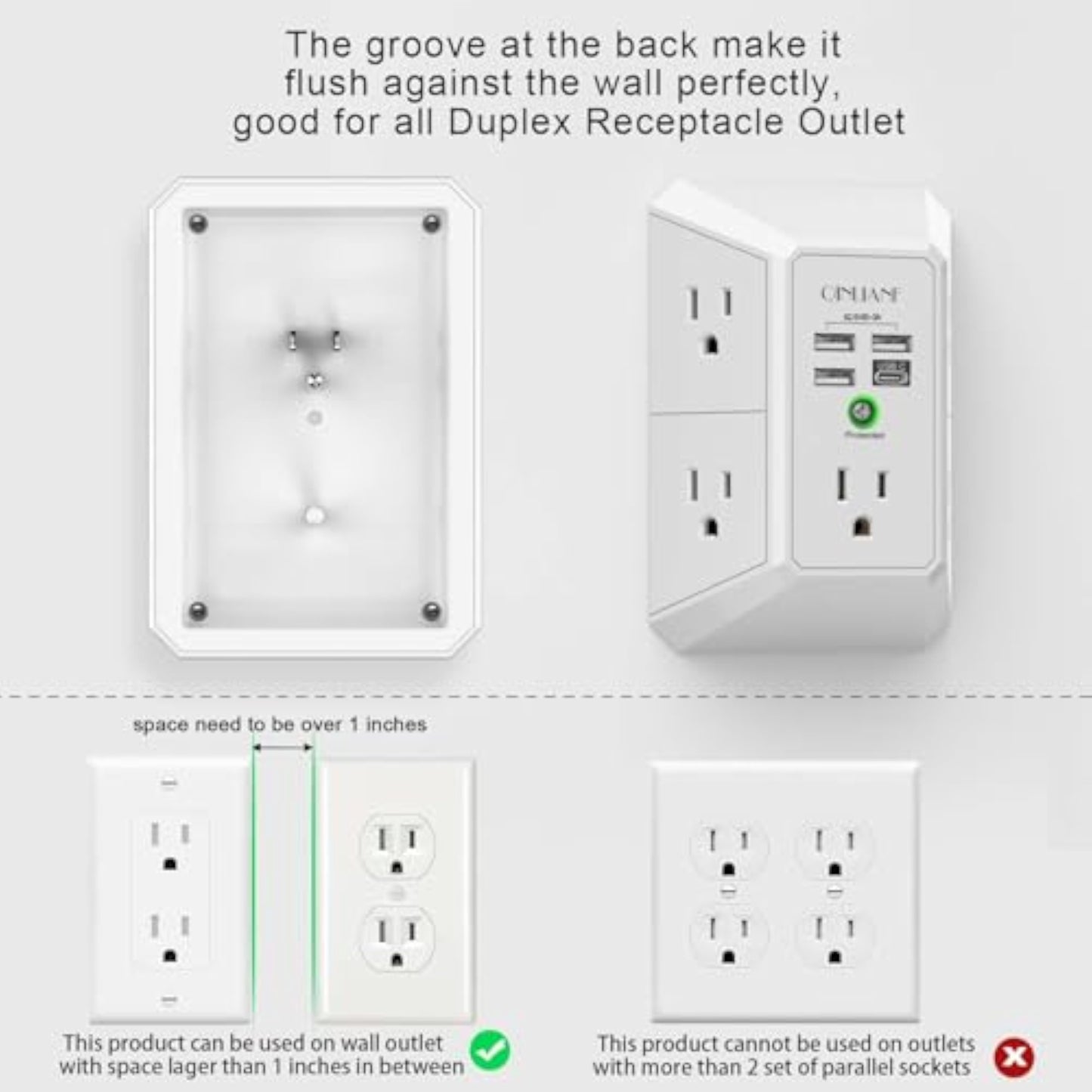 Wall Charger, Surge Protector, QINLIANF 5 Outlet Extender with 4 USB Charging Ports, 3-Sided 1680J Power Strip Multi Plug Adapter Spaced for Home Travel Office - New
