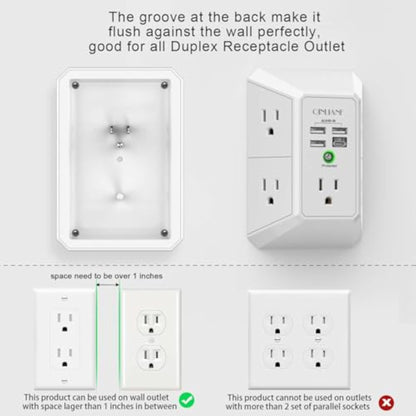 Wall Charger, Surge Protector, QINLIANF 5 Outlet Extender with 4 USB Charging Ports, 3-Sided 1680J Power Strip Multi Plug Adapter Spaced for Home Travel Office - New