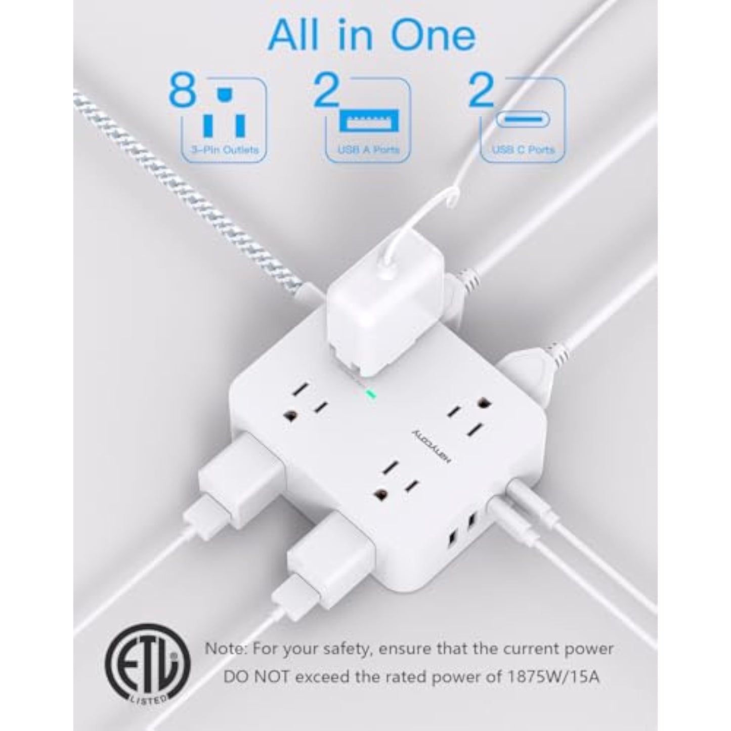 Surge Protector Power Strip - HANYCONY 8 Outlets 4 USB (2 USB C) Charging Ports, Multi Plug Outlet Extender, 5Ft Braided Extension Cord, Flat Plug Wall Mount Desk Charging Station for Home Office ETL - New