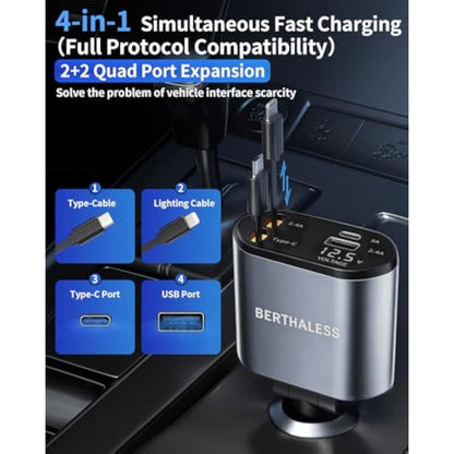 BERTHALESS Retractable Car Charger, 4 in 1 Fast Charging Car Charger with USB-C & USB-A, Compatible with iPhone 17/16/15/14/13/12/11,Galaxy,Pixel, Car Accessories for Men Women Drivers, Dad, Husband - New