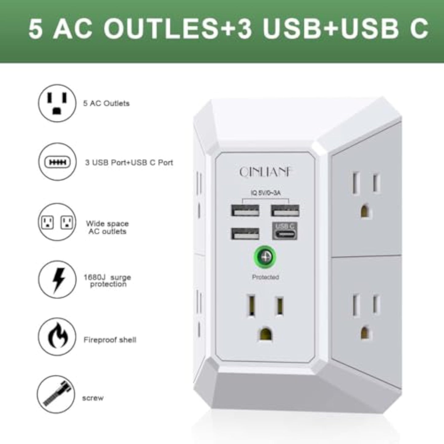 Wall Charger, Surge Protector, QINLIANF 5 Outlet Extender with 4 USB Charging Ports, 3-Sided 1680J Power Strip Multi Plug Adapter Spaced for Home Travel Office - New