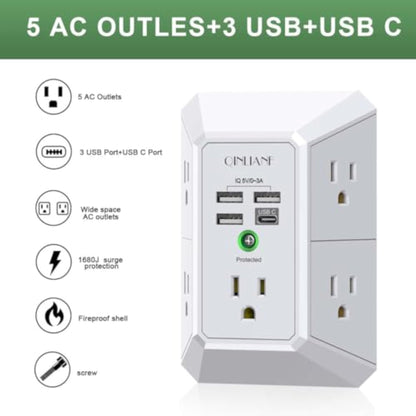 Wall Charger, Surge Protector, QINLIANF 5 Outlet Extender with 4 USB Charging Ports, 3-Sided 1680J Power Strip Multi Plug Adapter Spaced for Home Travel Office - New