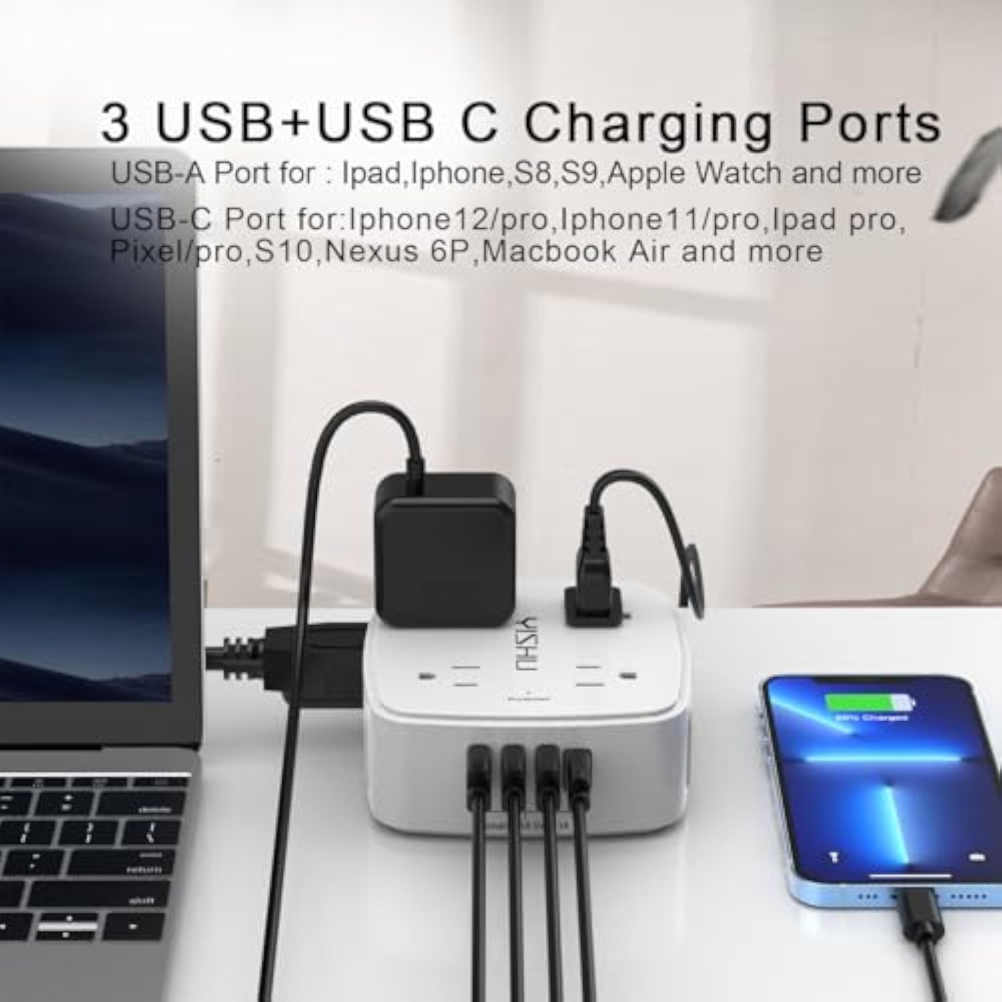 6 Ft Surge Protector Power Strip - 8 Widely Outlets with 4 USB Ports, 3 Side Outlet Extender with 6 Feet Extension Cord, Flat Plug, Wall Mount, Desk USB Charging Station, ETL,White - New