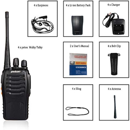 pxton Walkie Talkies Long Range for Adults with Earpieces,16 Channel Walky Talky Rechargeable Handheld Two Way Radios with Flashlight Li-ion Battery and Charger（4 Pack） - New