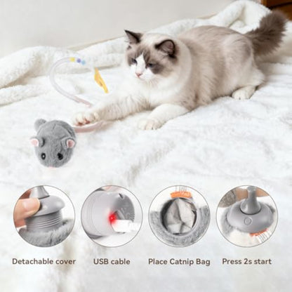 Migipaws Interactive MigiMouse Cat Toy 360° Rolling & Spin with Mesh Plastic Tail for Indoor Cats Smart Motion Sensor, Realistic Squeak, Rechargeable Plush Kitten Toy(Grey) - New
