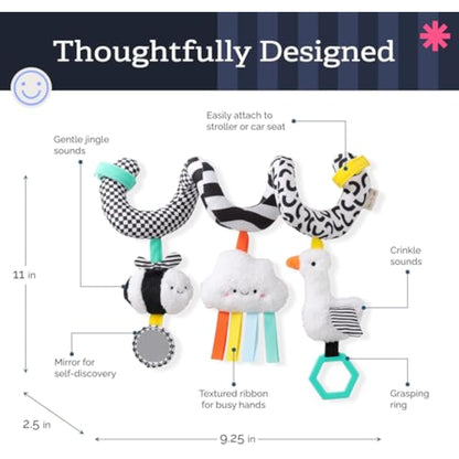 Itzy Ritzy Spiral Car Seat & Stroller Activity Toy - Stroller & Car Seat Toys for Ages 0 Months and Up - Hanging Toys Include Dangling Ring, Mirror and Textured Ribbons (High Contrast) - New
