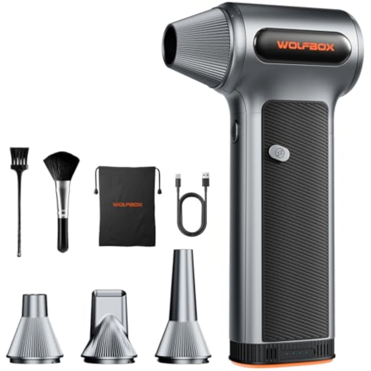 WOLFBOX MF200 Compressed Air Duster with Removable Battery & 4 Nozzles, Cordless 3-Speed Adjustable Mini Blower for Computer Keyboard, Car Cleaning, Home, and Outdoor Use - New