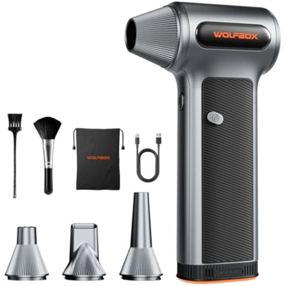 WOLFBOX MF200 Compressed Air Duster with Removable Battery & 4 Nozzles, Cordless 3-Speed Adjustable Mini Blower for Computer Keyboard, Car Cleaning, Home, and Outdoor Use - New