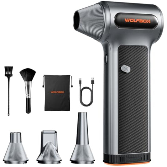 WOLFBOX MF200 Compressed Air Duster with Removable Battery & 4 Nozzles, Cordless 3-Speed Adjustable Mini Blower for Computer Keyboard, Car Cleaning, Home, and Outdoor Use - New