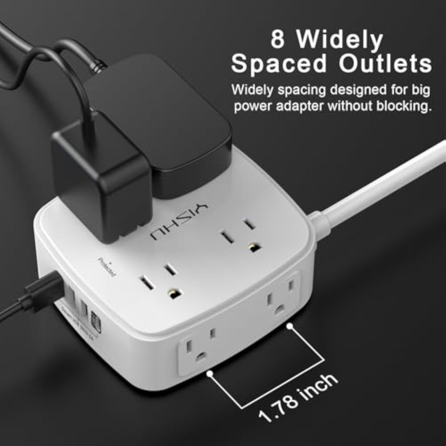 6 Ft Surge Protector Power Strip - 8 Widely Outlets with 4 USB Ports, 3 Side Outlet Extender with 6 Feet Extension Cord, Flat Plug, Wall Mount, Desk USB Charging Station, ETL,White - New