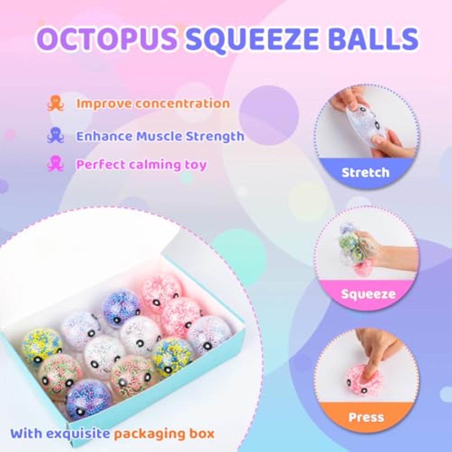 VESPRO 12 Pack Fidget Stress Balls for Adults, Cute Octopus Stress Relief Sensory Stress Ball, Bulk Squishy Squeeze Ball Toys Set for Classroom Prizes and Birthday Party Favors - New