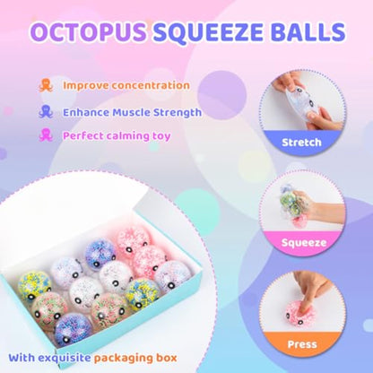 VESPRO 12 Pack Fidget Stress Balls for Adults, Cute Octopus Stress Relief Sensory Stress Ball, Bulk Squishy Squeeze Ball Toys Set for Classroom Prizes and Birthday Party Favors - New