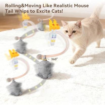 Migipaws Interactive MigiMouse Cat Toy 360° Rolling & Spin with Mesh Plastic Tail for Indoor Cats Smart Motion Sensor, Realistic Squeak, Rechargeable Plush Kitten Toy(Grey) - New