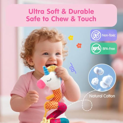 hahaland Car Seat Toys for Babies 0-6 Months Girl - Baby Toys 3-6 Months - Rattle, Mirror, Crinkle, Squeaky Carseat Stroller Toy 0-6 Months Developmental Newborn Baby Girl Birthday Gifts - New