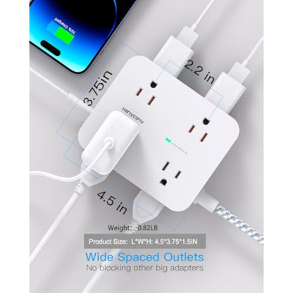 Surge Protector Power Strip - HANYCONY 8 Outlets 4 USB (2 USB C) Charging Ports, Multi Plug Outlet Extender, 5Ft Braided Extension Cord, Flat Plug Wall Mount Desk Charging Station for Home Office ETL - New