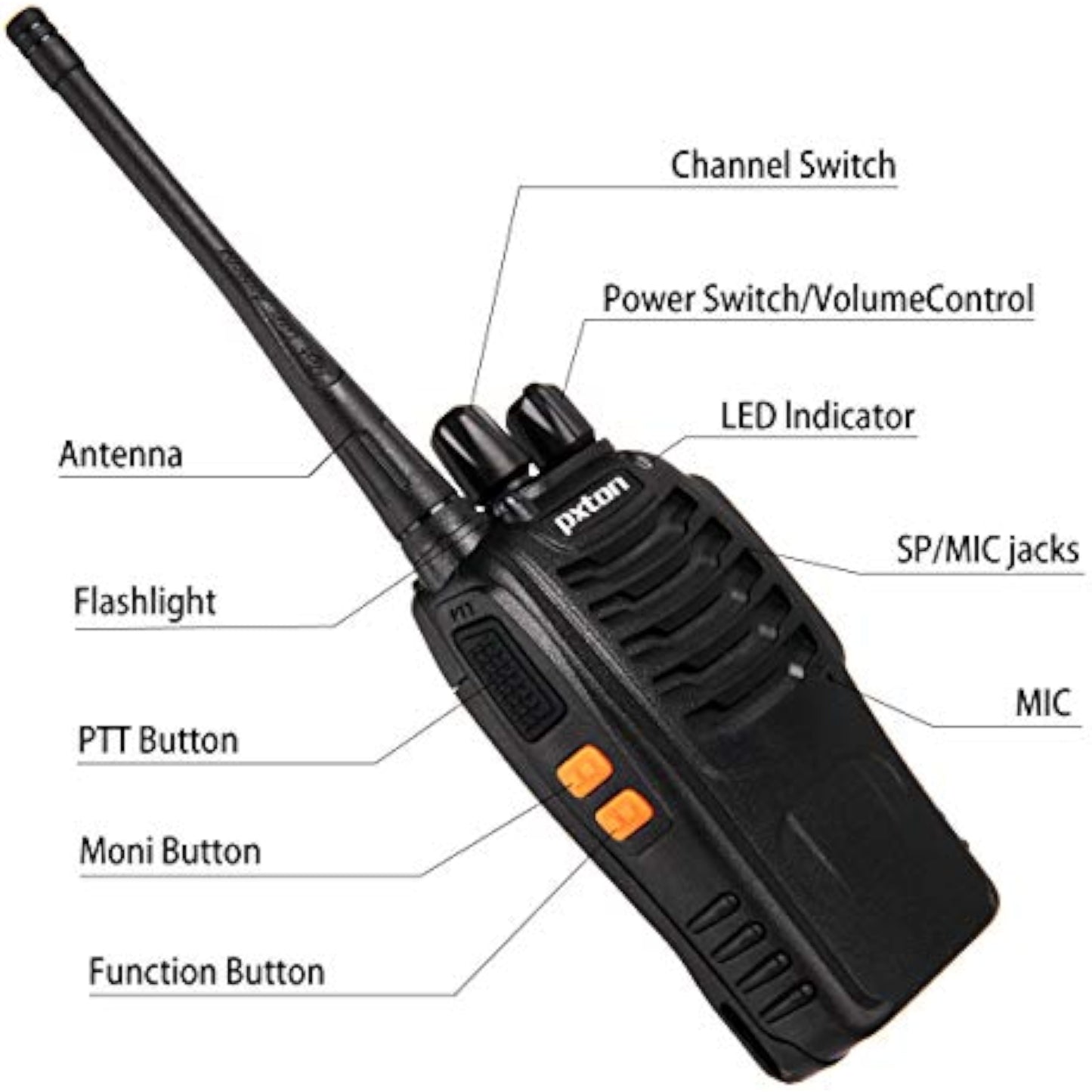 pxton Walkie Talkies Long Range for Adults with Earpieces,16 Channel Walky Talky Rechargeable Handheld Two Way Radios with Flashlight Li-ion Battery and Charger（4 Pack） - New