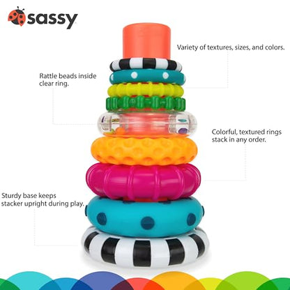 Sassy Stacks of Circles Stacking Ring STEM Learning Toy, Age 6+ Months, Multi, 9 Piece Set - New