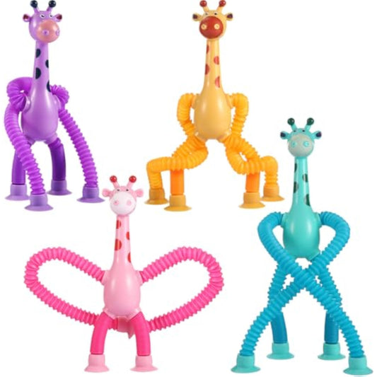 XONTEUS 4 Pcs Pop Tubes Giraffe Travel Airplane Road Trip Car Activities Essential ,Telescopic Suction Cup Sensory Fidget Toys,Screen-Free Activity for Boy & Girl , Stocking Stuffers for Kids - New