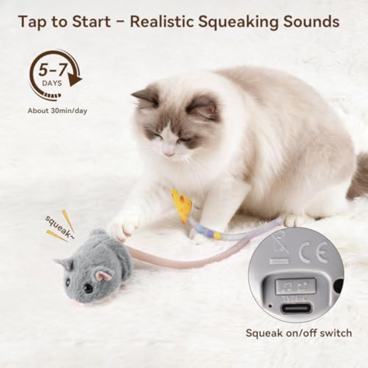 Migipaws Interactive MigiMouse Cat Toy 360° Rolling & Spin with Mesh Plastic Tail for Indoor Cats Smart Motion Sensor, Realistic Squeak, Rechargeable Plush Kitten Toy(Grey) - New