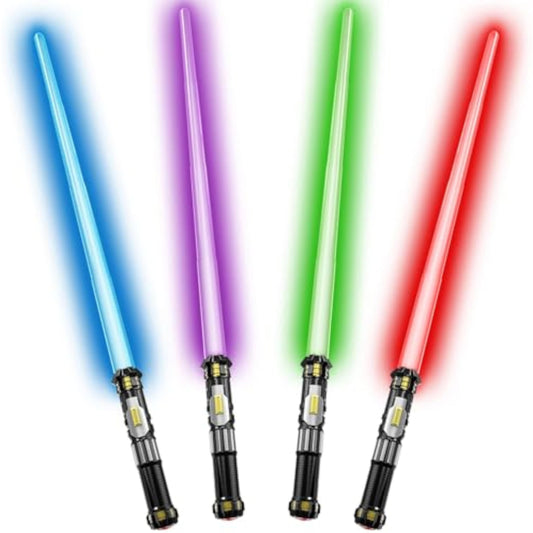 Cawiew 4 Pack Light up Sword Saber with FX Sound (on-Off Control) and Full Retractable Handle, 4 Colors LED Glow in The Dark Toy for Kids Adult - New