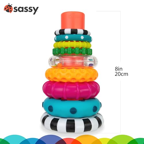 Sassy Stacks of Circles Stacking Ring STEM Learning Toy, Age 6+ Months, Multi, 9 Piece Set - New
