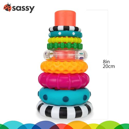 Sassy Stacks of Circles Stacking Ring STEM Learning Toy, Age 6+ Months, Multi, 9 Piece Set - New