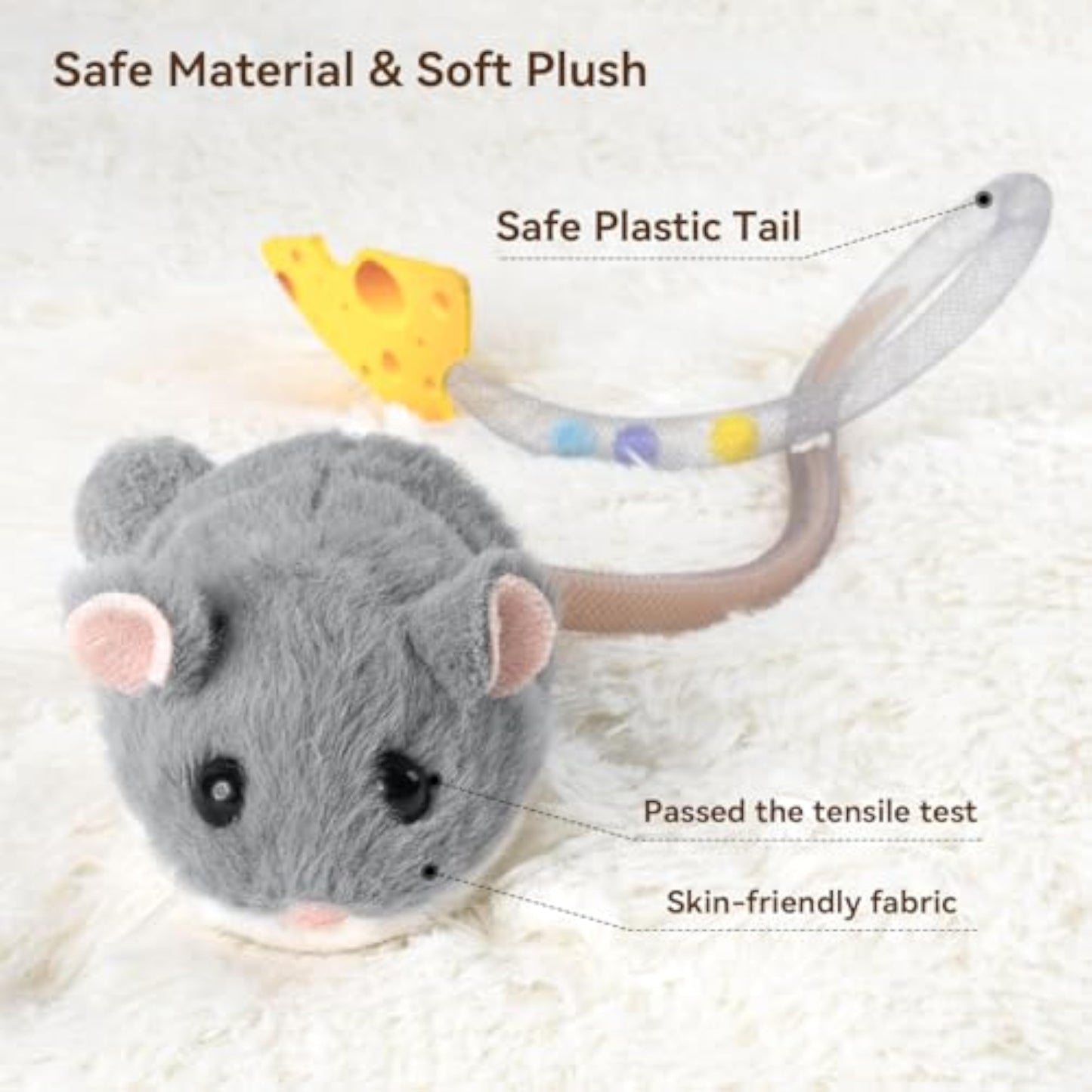 Migipaws Interactive MigiMouse Cat Toy 360° Rolling & Spin with Mesh Plastic Tail for Indoor Cats Smart Motion Sensor, Realistic Squeak, Rechargeable Plush Kitten Toy(Grey) - New