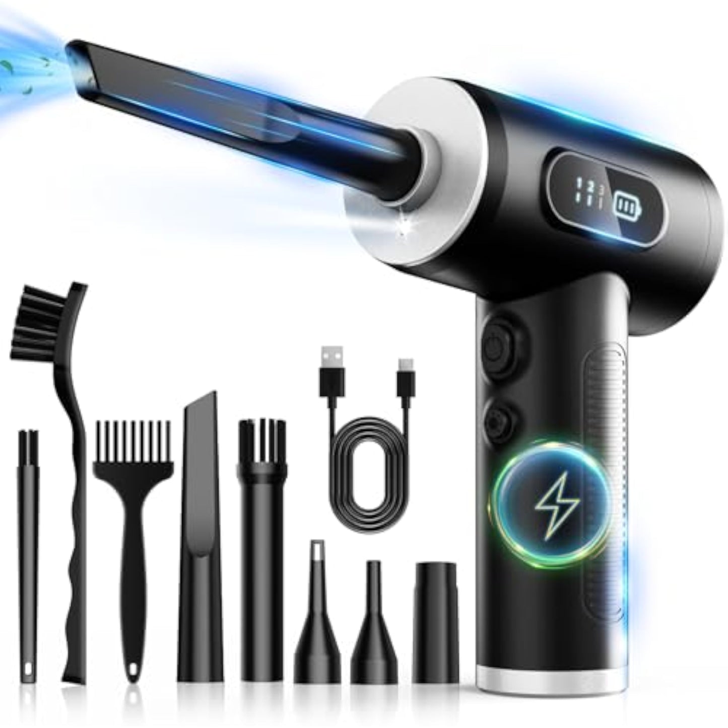 Compressed Air Duster-3 Gear Adjustable 100000RPM Electric Air Duster with LED Light, Rechargeable Cordless Air Blower for Keyboard Electric Devices Cleaning. Replaces Compressed Air Cans (Black) - New