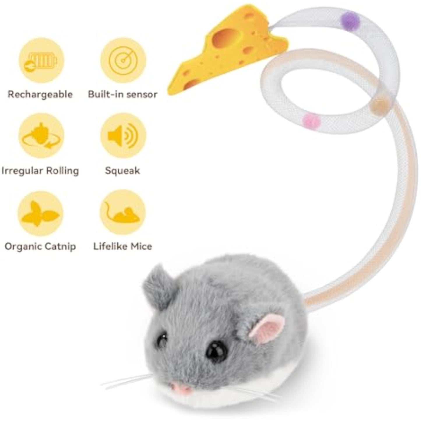Migipaws Interactive MigiMouse Cat Toy 360° Rolling & Spin with Mesh Plastic Tail for Indoor Cats Smart Motion Sensor, Realistic Squeak, Rechargeable Plush Kitten Toy(Grey) - New