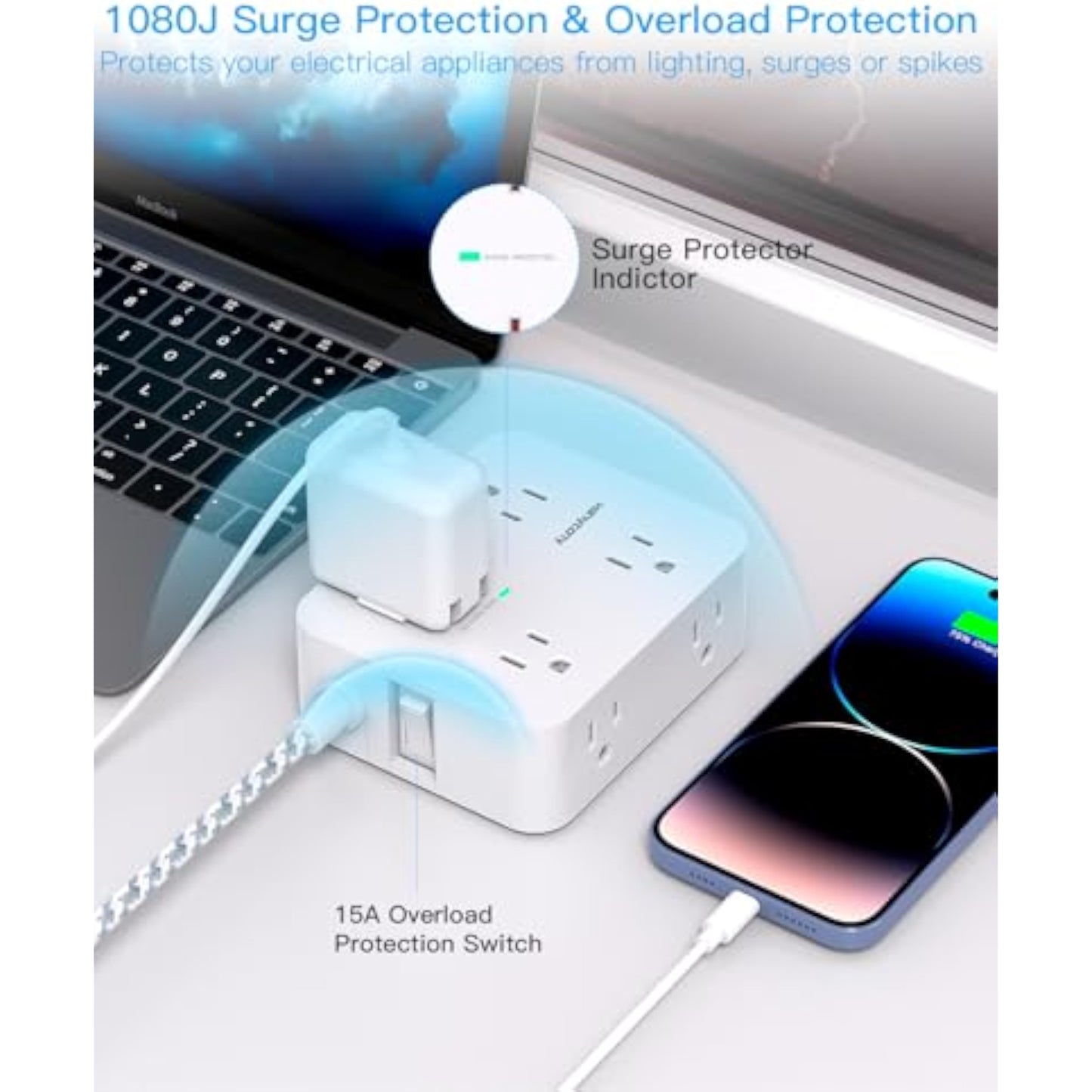 Surge Protector Power Strip - HANYCONY 8 Outlets 4 USB (2 USB C) Charging Ports, Multi Plug Outlet Extender, 5Ft Braided Extension Cord, Flat Plug Wall Mount Desk Charging Station for Home Office ETL - New