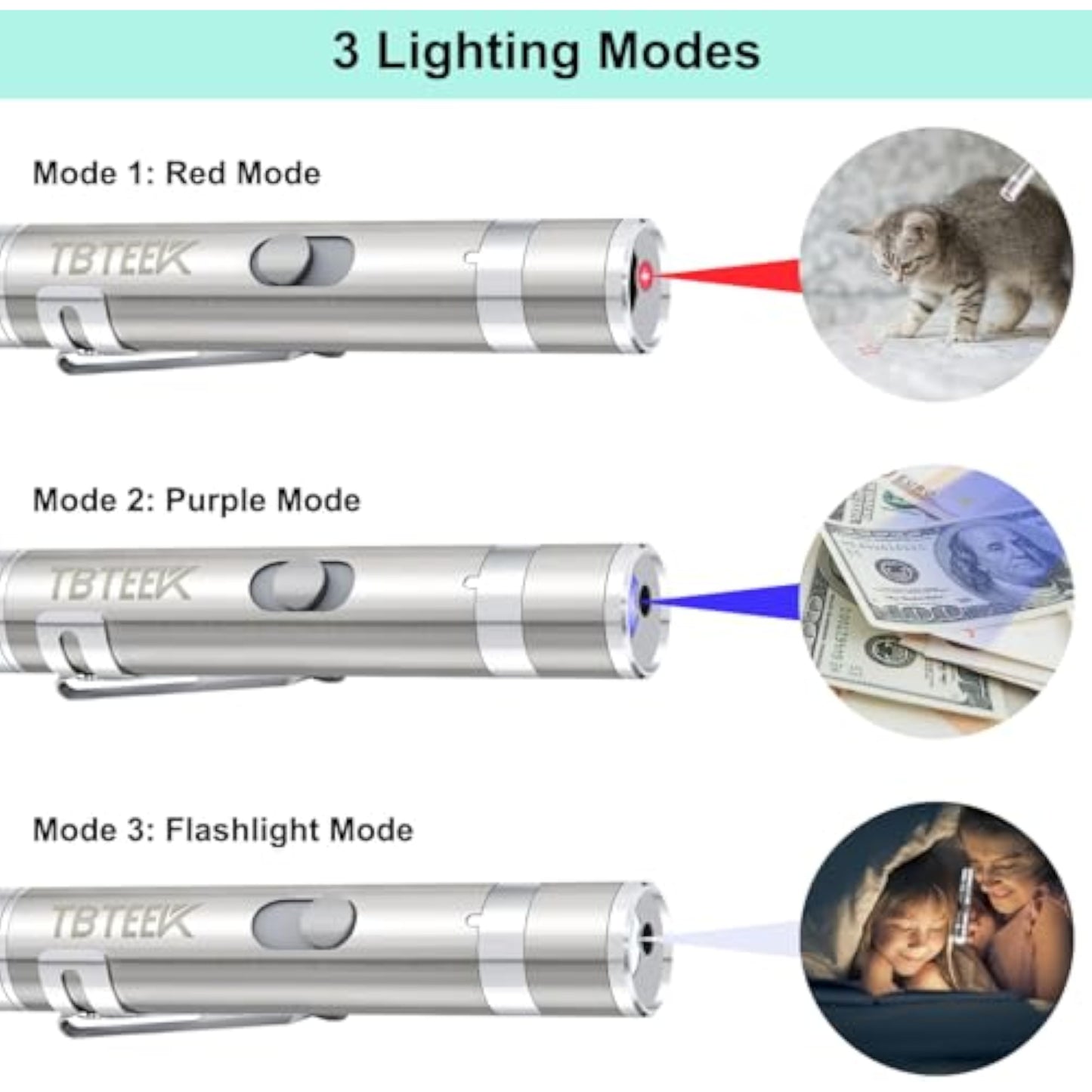 TBTeek Cat Toys, Rechargeable, 3 Light Modes & 5 Fun Patterns, Portable Interactive Kitten Pet Dog Cat Mouse Toy for Fun Chase Play Exercise - New