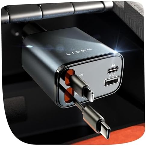 LISEN Retractable Car Charger, 84W Car Charger USB C Fast Charger Adapter for iPhone, Car Accessories for Men Women, Birthday Gifts for Fathers Day for Men Dad Husband, for iPhone 17 16 15 14 13 12 11 - New