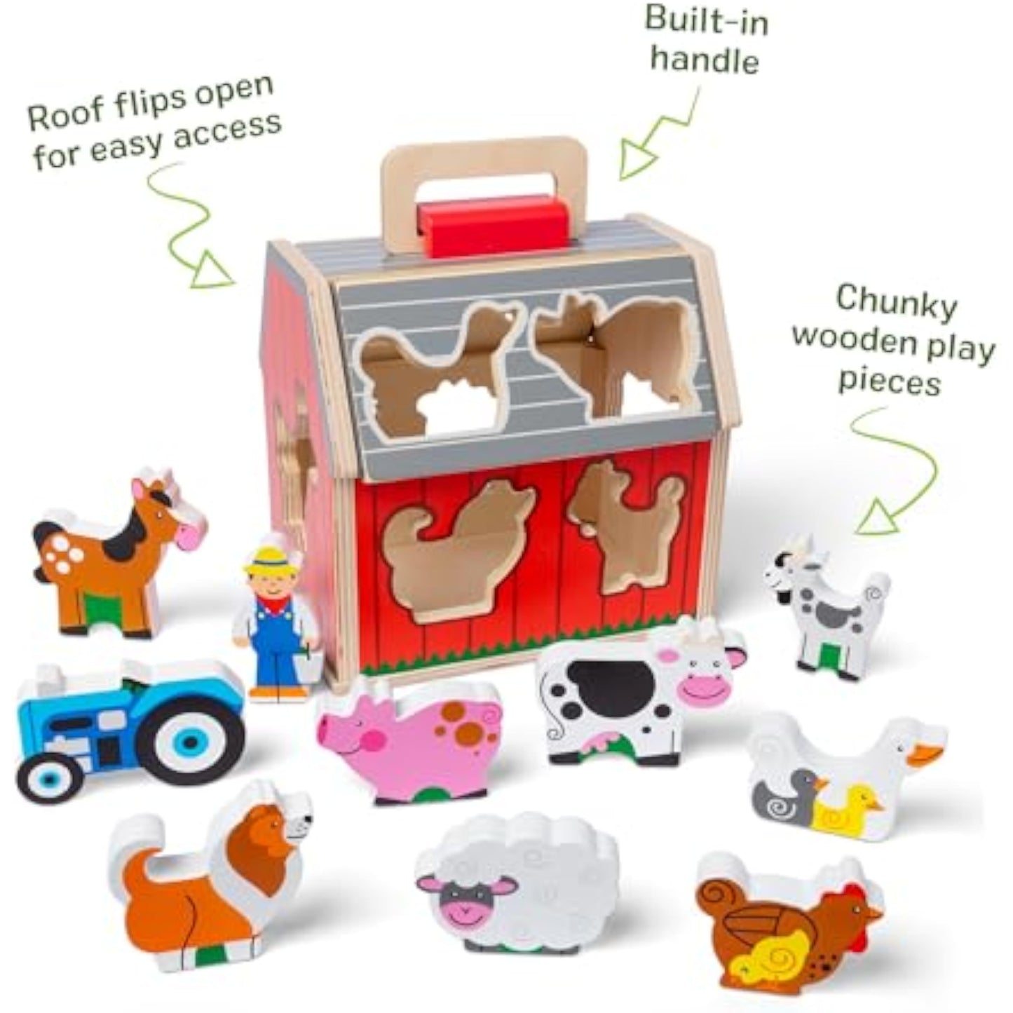 Melissa & Doug Take-Along Wooden Toy Barn, 11-Pc Portable Toddler Playset with Farm Animals & Pop-Up Roof, Preschool Learning Toys for Girls & Boys 2+ - New