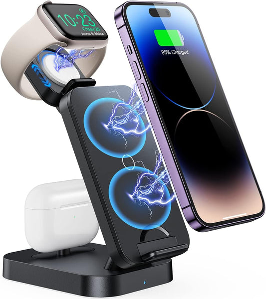 Conido Wireless Charging Station, 18W Fast 3 in 1 Wireless Charging Station for Multiple Devices Apple, Wireless Charger Stand for iPhone Apple Watch Airpods, iPhone Charging Station Dock Black